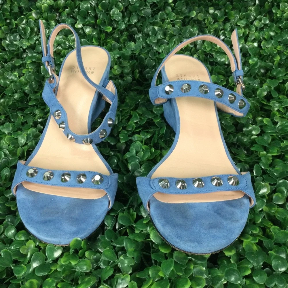 Stuart‎ Weitzman Blue Suede Studded Wedge Sandals womens 8.5
